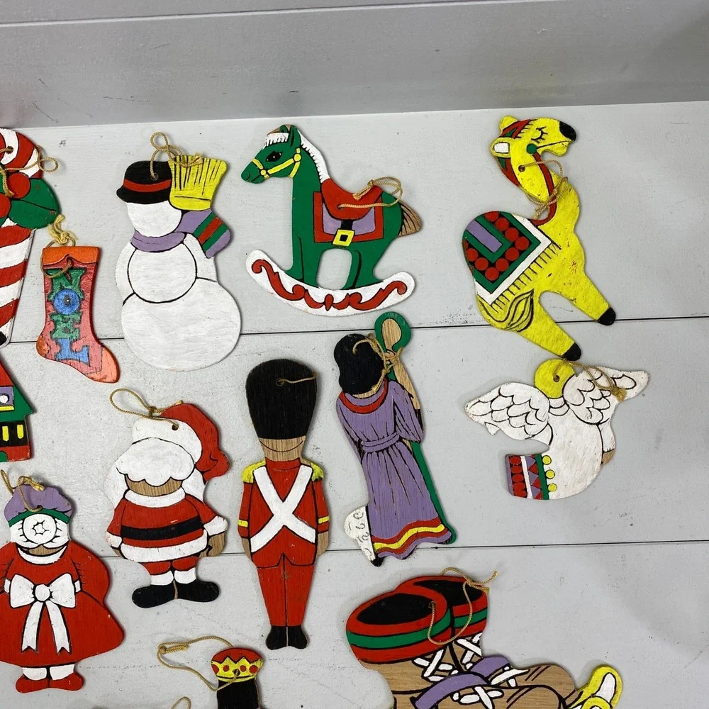 Vintage Wooden Christmas Ornaments Lot 28 Hand Painted Folk Art Mixed Christian